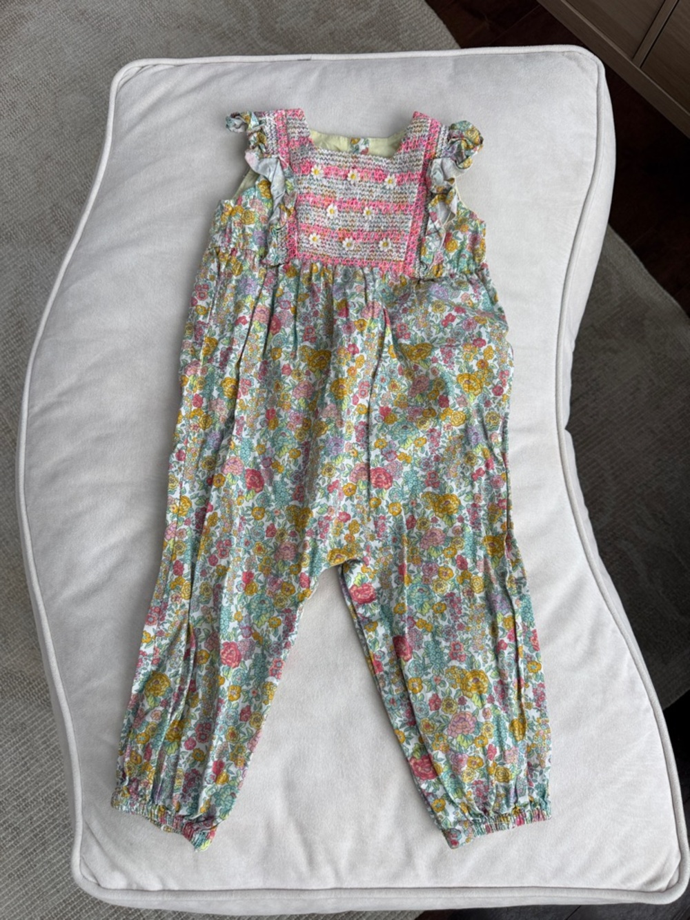 Monsoon Floral Smocked Romper in Pink, Yellow and Green